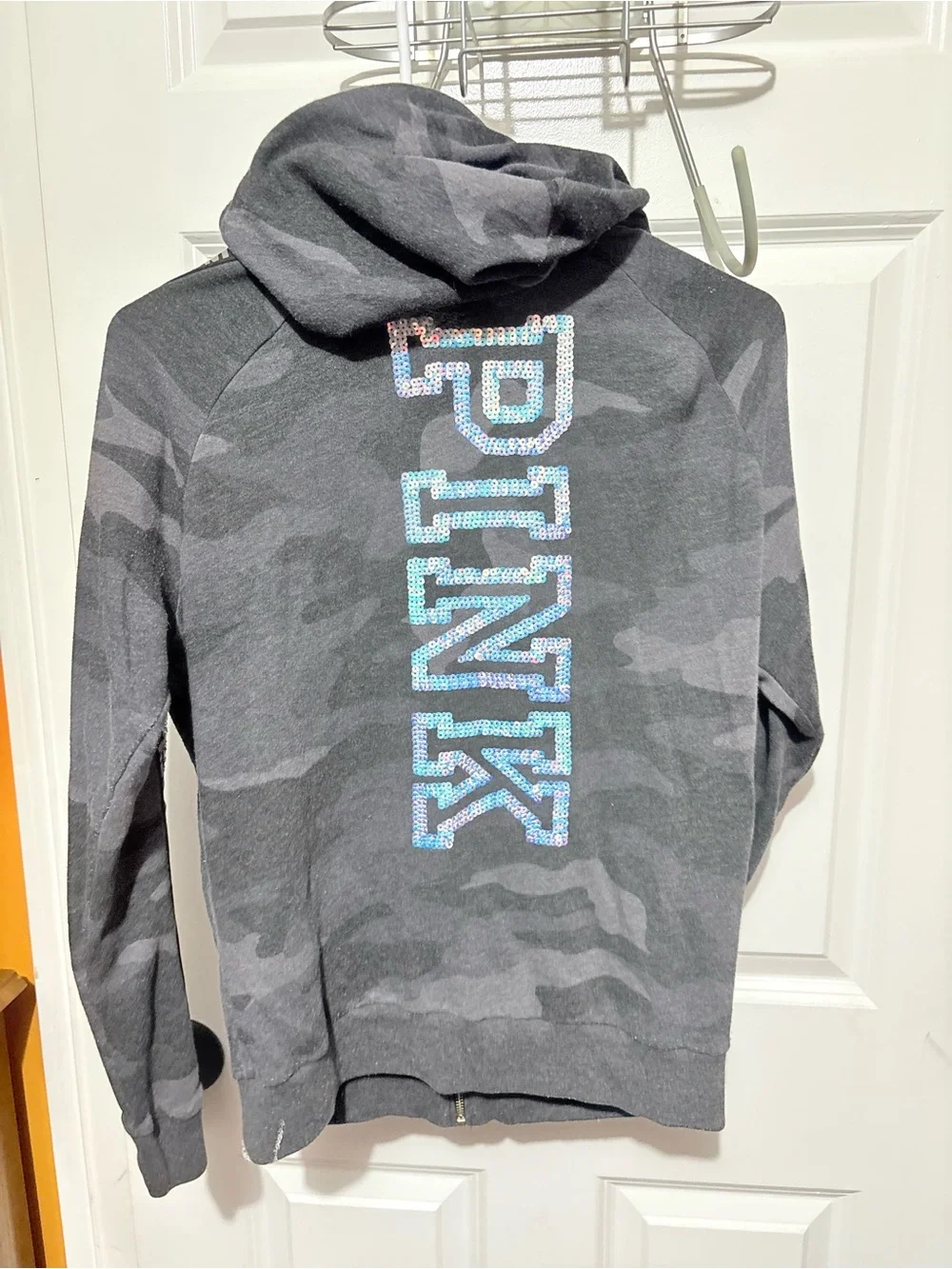 Rare Victoria’s Secret PINK Gray Camo Zip Hoodie & Joggers with Sequin Stripe
